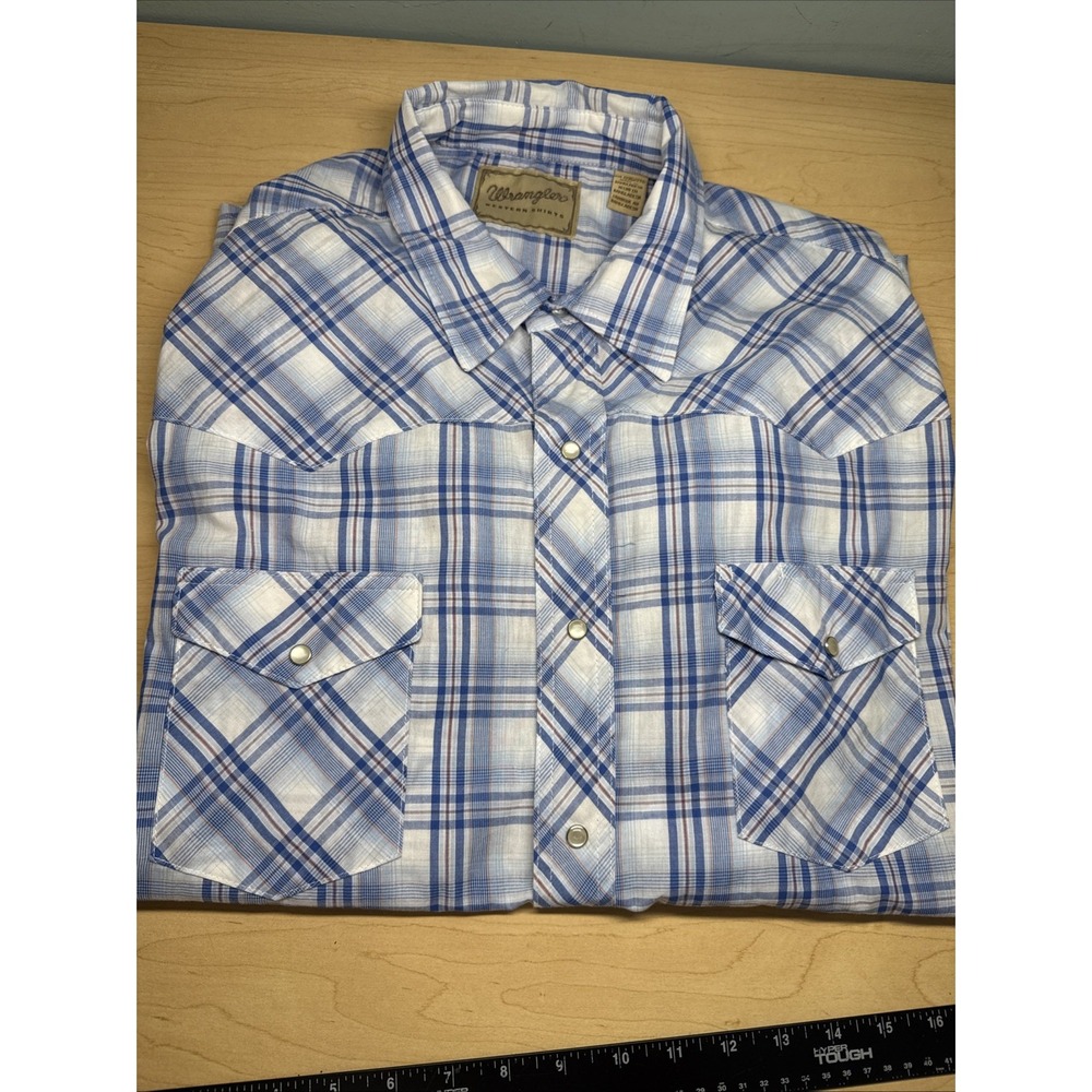 Wrangler Western Fashion Pearl Snap Shirt Mens 2XL Blue Plaid Cowboy Rodeo